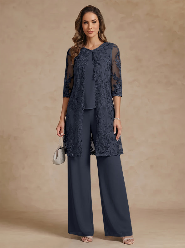 3 Pieces Scoop Chiffon Mother of the Bride Pantsuits with Jacket Lace Ankle-Length Floral 3/4 Sleeves