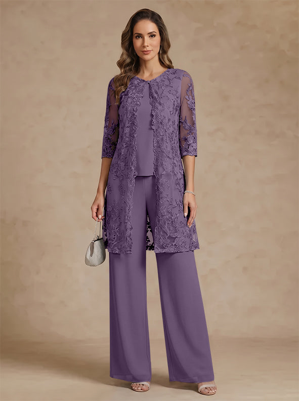 3 Pieces Scoop Chiffon Mother of the Bride Pantsuits with Jacket Lace Ankle-Length Floral 3/4 Sleeves