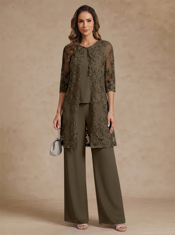 3 Pieces Scoop Chiffon Mother of the Bride Pantsuits with Jacket Lace Ankle-Length Floral 3/4 Sleeves