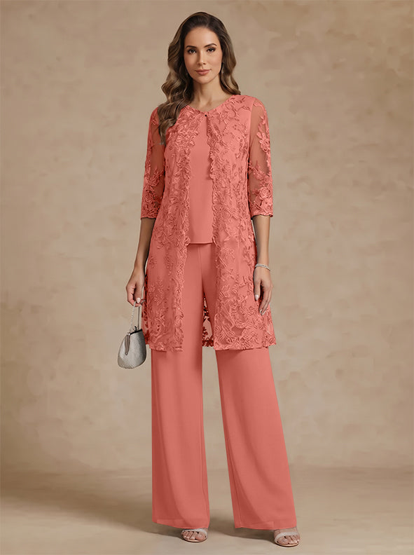 3 Pieces Scoop Chiffon Mother of the Bride Pantsuits with Jacket Lace Ankle-Length Floral 3/4 Sleeves