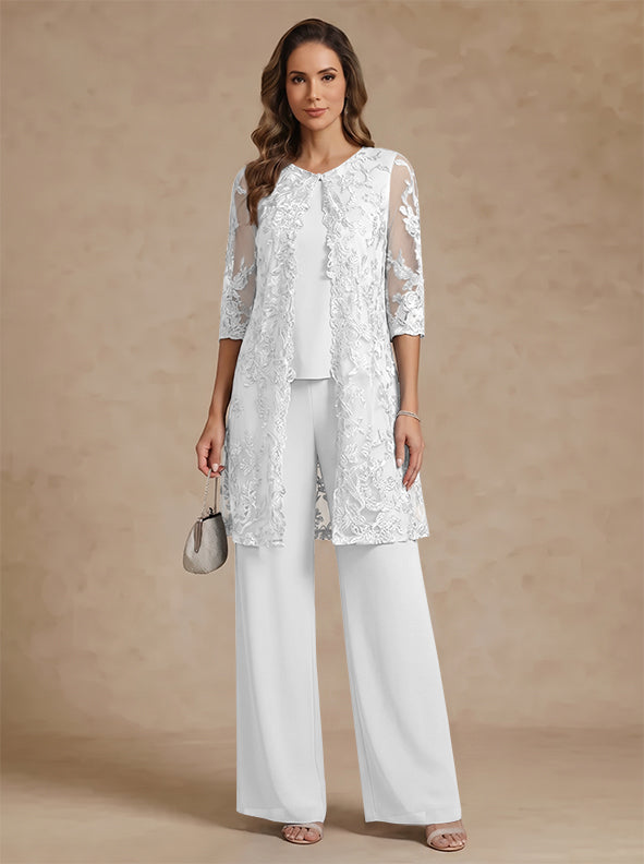 3 Pieces Scoop Chiffon Mother of the Bride Pantsuits with Jacket Lace Ankle-Length Floral 3/4 Sleeves