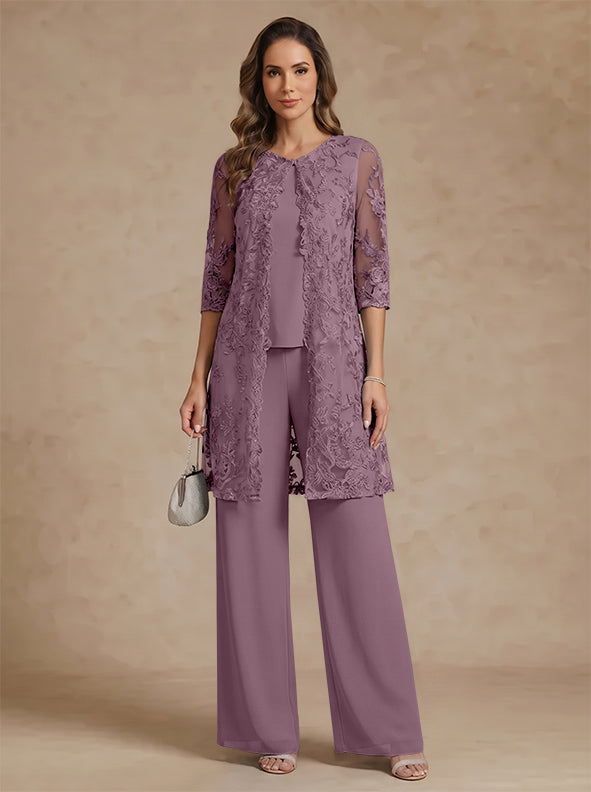 3 Pieces Scoop Chiffon Mother of the Bride Pantsuits with Jacket Lace Ankle-Length Floral 3/4 Sleeves