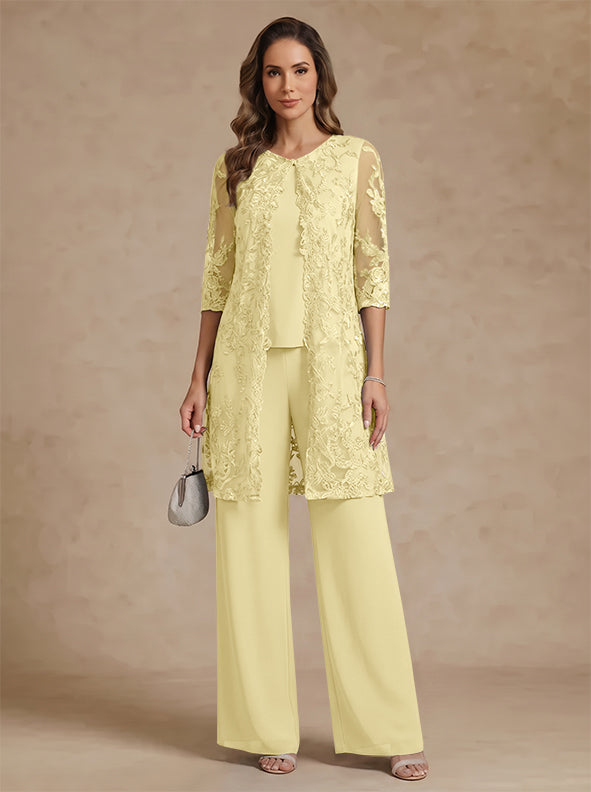 3 Pieces Scoop Chiffon Mother of the Bride Pantsuits with Jacket Lace Ankle-Length Floral 3/4 Sleeves