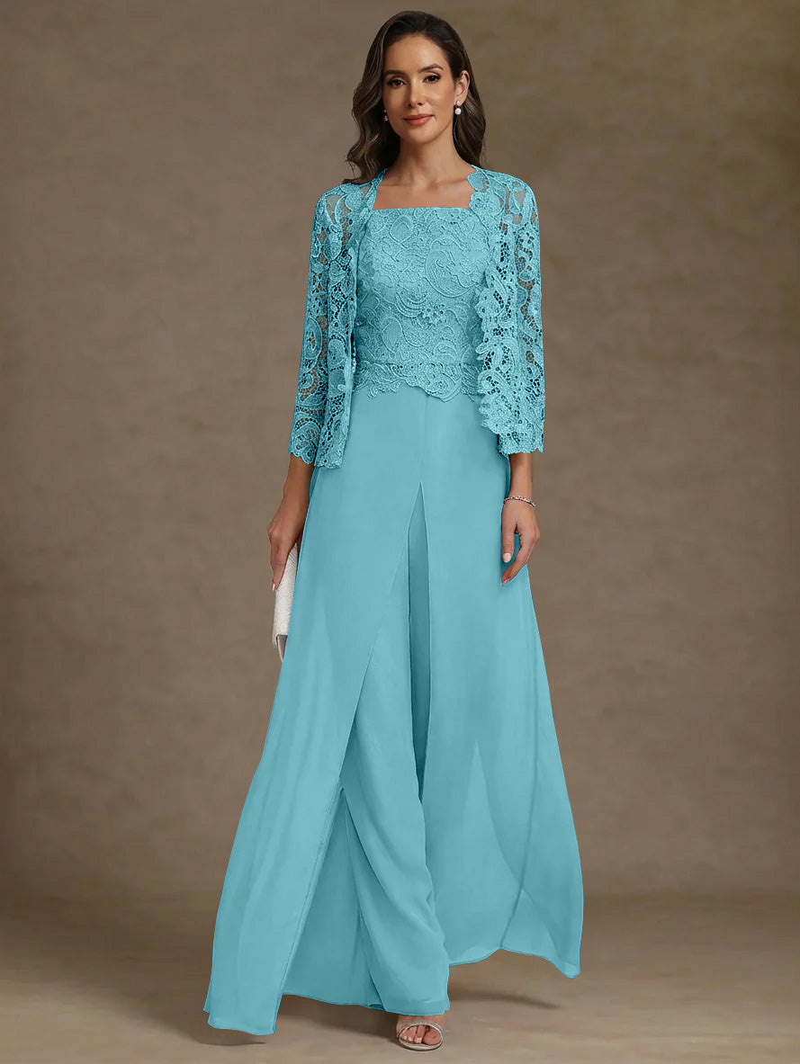 3 Pieces Square Collar Chiffon Mother of the Bride Pantsuits with Jacket Lace Ankle-Length with Overskirt 3/4 Sleeves