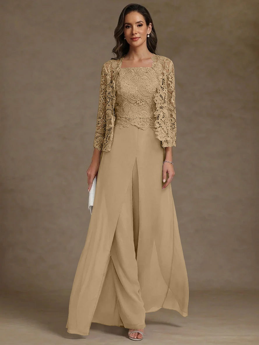 3 Pieces Square Collar Chiffon Mother of the Bride Pantsuits with Jacket Lace Ankle-Length with Overskirt 3/4 Sleeves