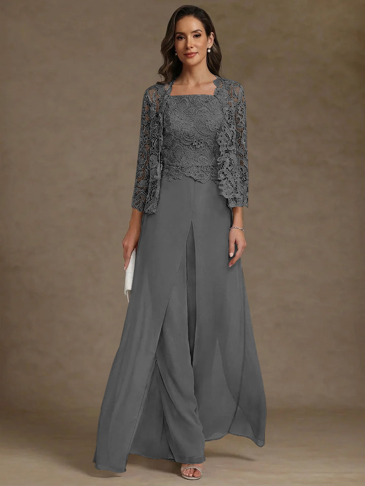 3 Pieces Square Collar Chiffon Mother of the Bride Pantsuits with Jacket Lace Ankle-Length with Overskirt 3/4 Sleeves