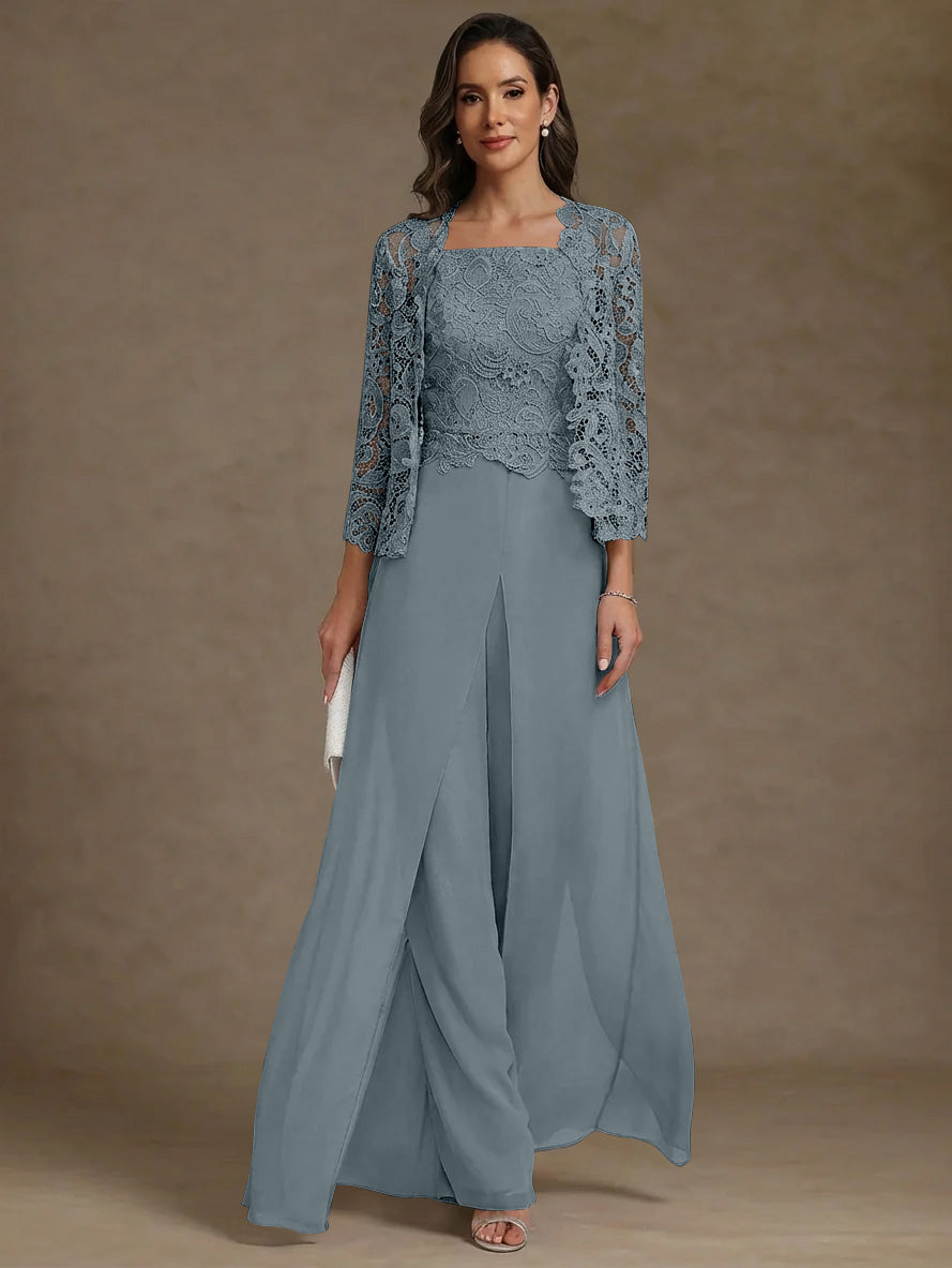 3 Pieces Square Collar Chiffon Mother of the Bride Pantsuits with Jacket Lace Ankle-Length with Overskirt 3/4 Sleeves