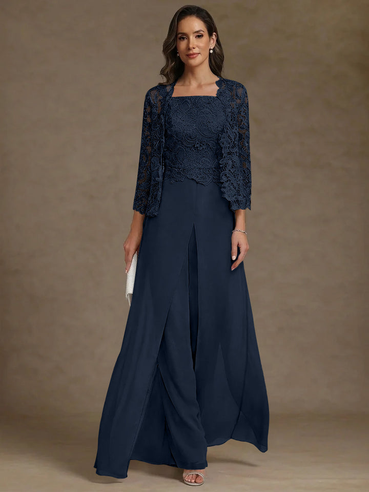 3 Pieces Square Collar Chiffon Mother of the Bride Pantsuits with Jacket Lace Ankle-Length with Overskirt 3/4 Sleeves