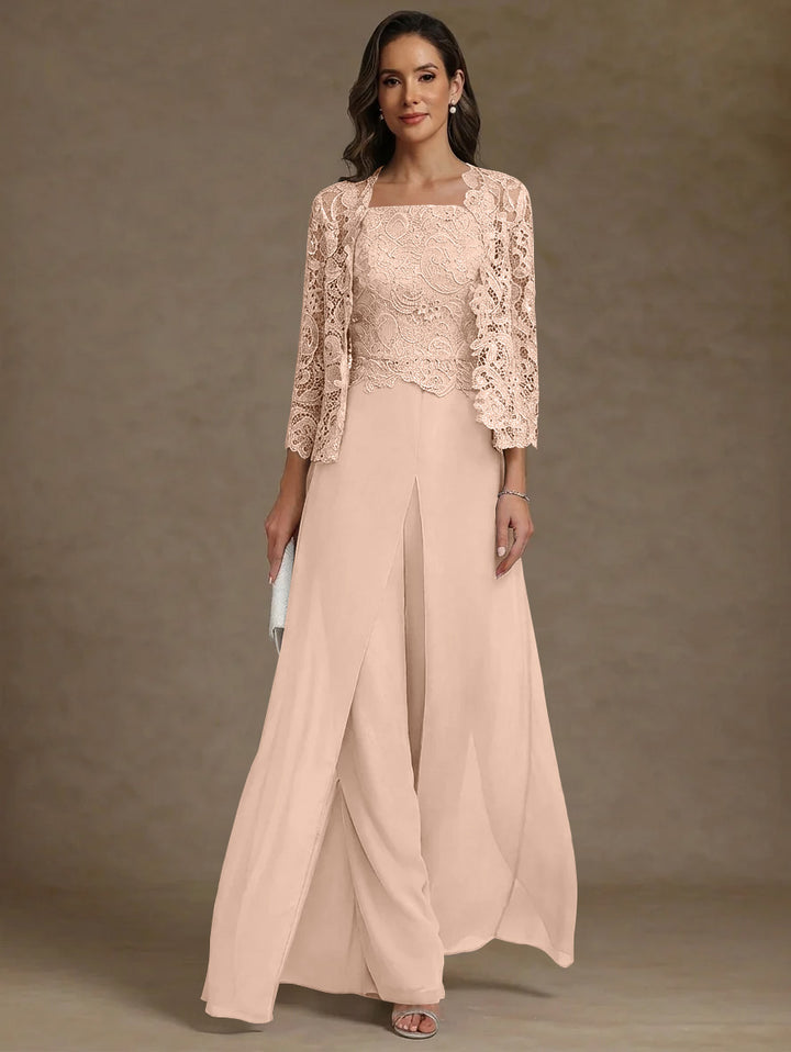 3 Pieces Square Collar Chiffon Mother of the Bride Pantsuits with Jacket Lace Ankle-Length with Overskirt 3/4 Sleeves