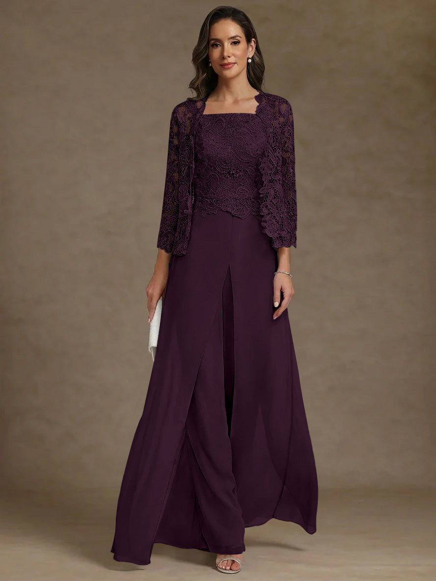 3 Pieces Square Collar Chiffon Mother of the Bride Pantsuits with Jacket Lace Ankle-Length with Overskirt 3/4 Sleeves