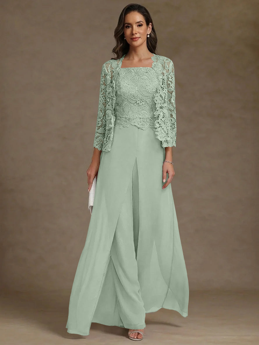 3 Pieces Square Collar Chiffon Mother of the Bride Pantsuits with Jacket Lace Ankle-Length with Overskirt 3/4 Sleeves