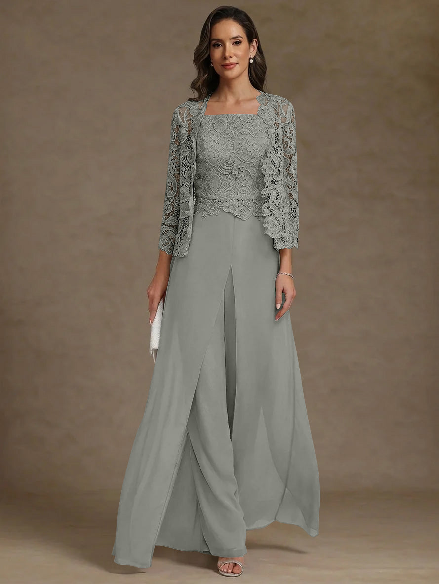 3 Pieces Square Collar Chiffon Mother of the Bride Pantsuits with Jacket Lace Ankle-Length with Overskirt 3/4 Sleeves