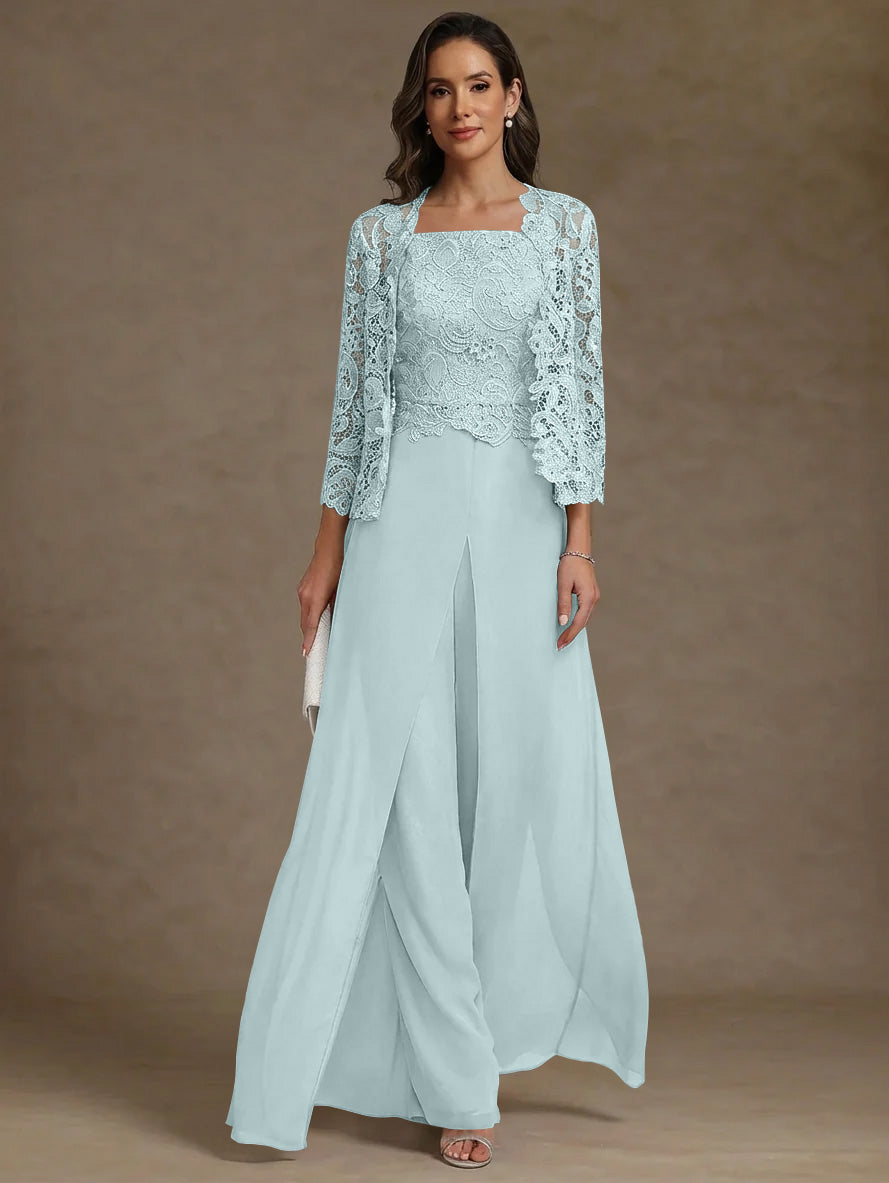 3 Pieces Square Collar Chiffon Mother of the Bride Pantsuits with Jacket Lace Ankle-Length with Overskirt 3/4 Sleeves