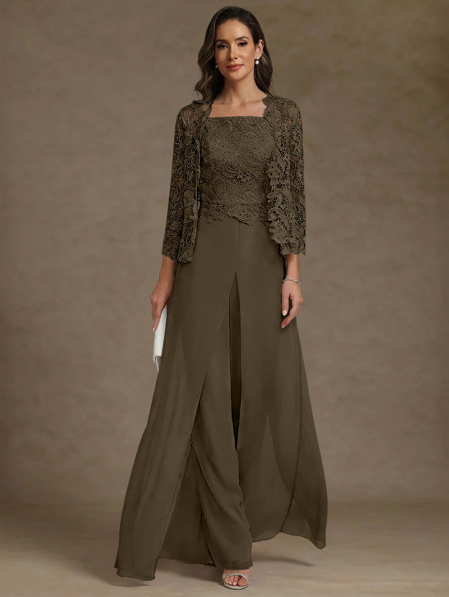 3 Pieces Square Collar Chiffon Mother of the Bride Pantsuits with Jacket Lace Ankle-Length with Overskirt 3/4 Sleeves
