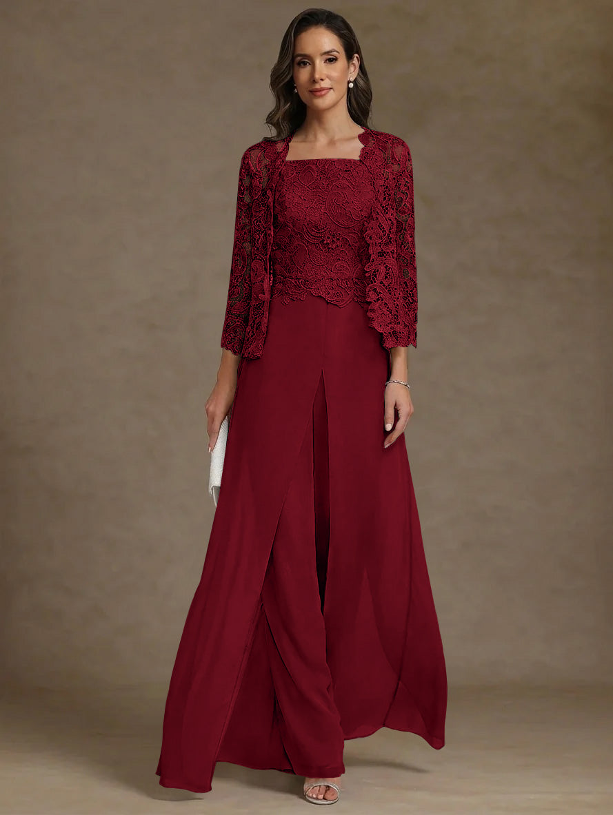 3 Pieces Square Collar Chiffon Mother of the Bride Pantsuits with Jacket Lace Ankle-Length with Overskirt 3/4 Sleeves