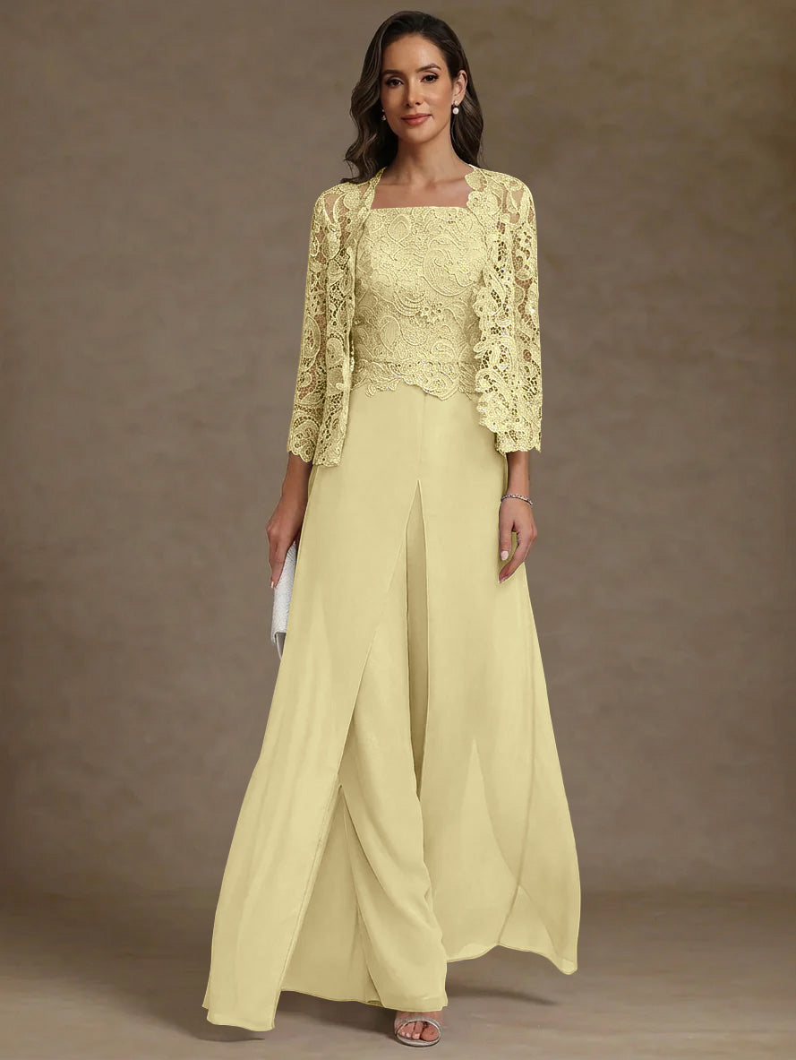 formal wedding pantsuit with square collar