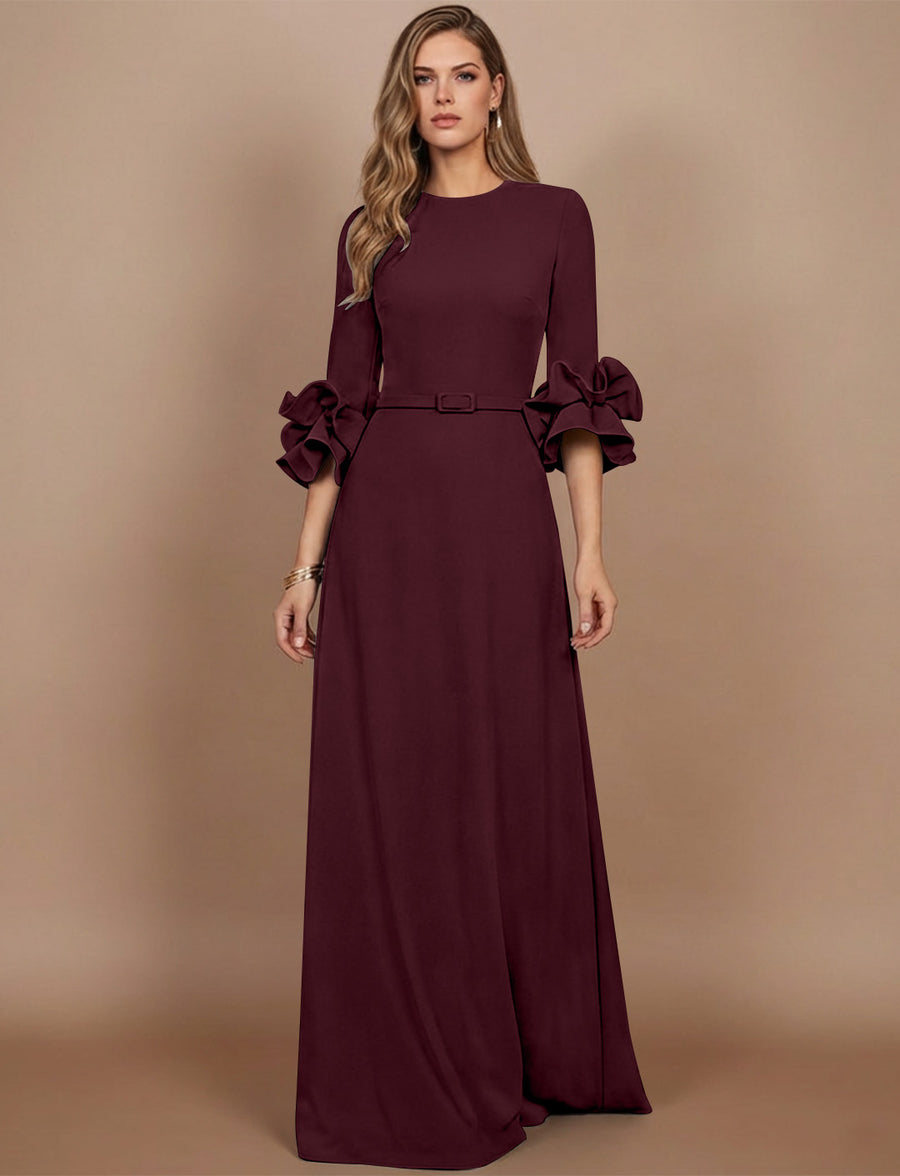 A-Line/Princess Scoop Stretch Satin Mother of the Bride Dresses Floor-Length 3/4 Sleeves Ruffles