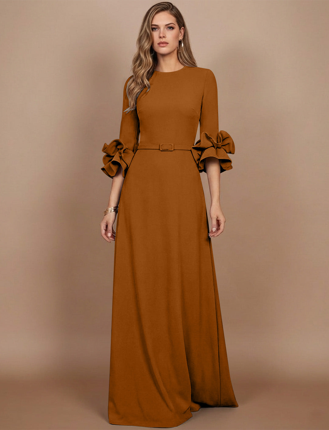 A-Line/Princess Scoop Stretch Satin Mother of the Bride Dresses Floor-Length 3/4 Sleeves Ruffles