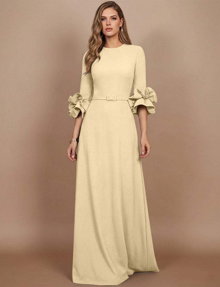 A-Line/Princess Scoop Stretch Satin Mother of the Bride Dresses Floor-Length 3/4 Sleeves Ruffles