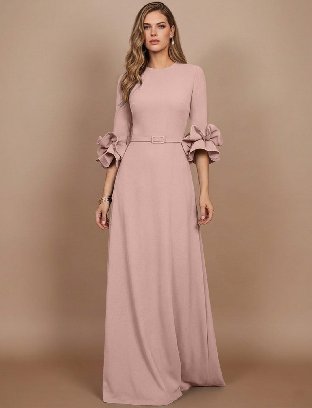 A-Line/Princess Scoop Stretch Satin Mother of the Bride Dresses Floor-Length 3/4 Sleeves Ruffles