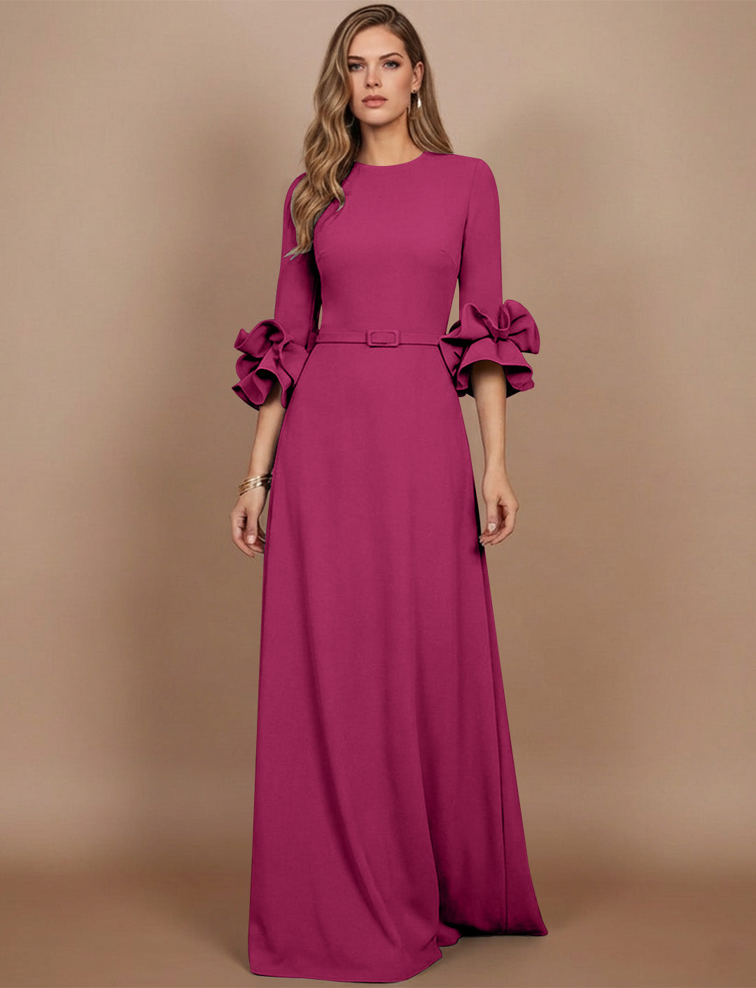 A-Line/Princess Scoop Stretch Satin Mother of the Bride Dresses Floor-Length 3/4 Sleeves Ruffles
