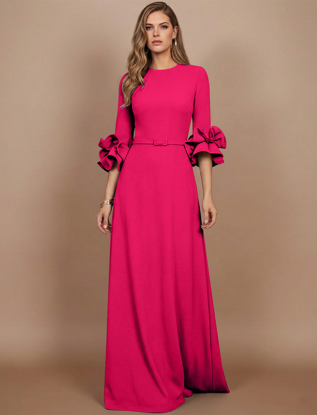 A-Line/Princess Scoop Stretch Satin Mother of the Bride Dresses Floor-Length 3/4 Sleeves Ruffles