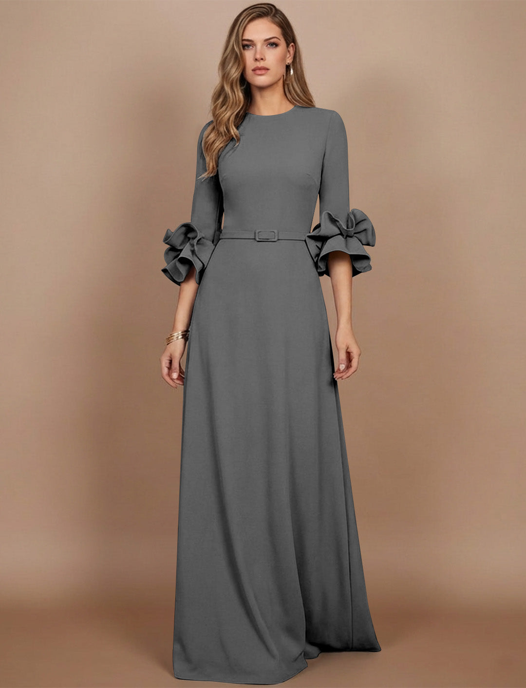 A-Line/Princess Scoop Stretch Satin Mother of the Bride Dresses Floor-Length 3/4 Sleeves Ruffles