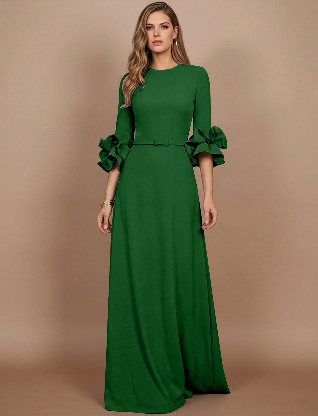 A-Line/Princess Scoop Stretch Satin Mother of the Bride Dresses Floor-Length 3/4 Sleeves Ruffles