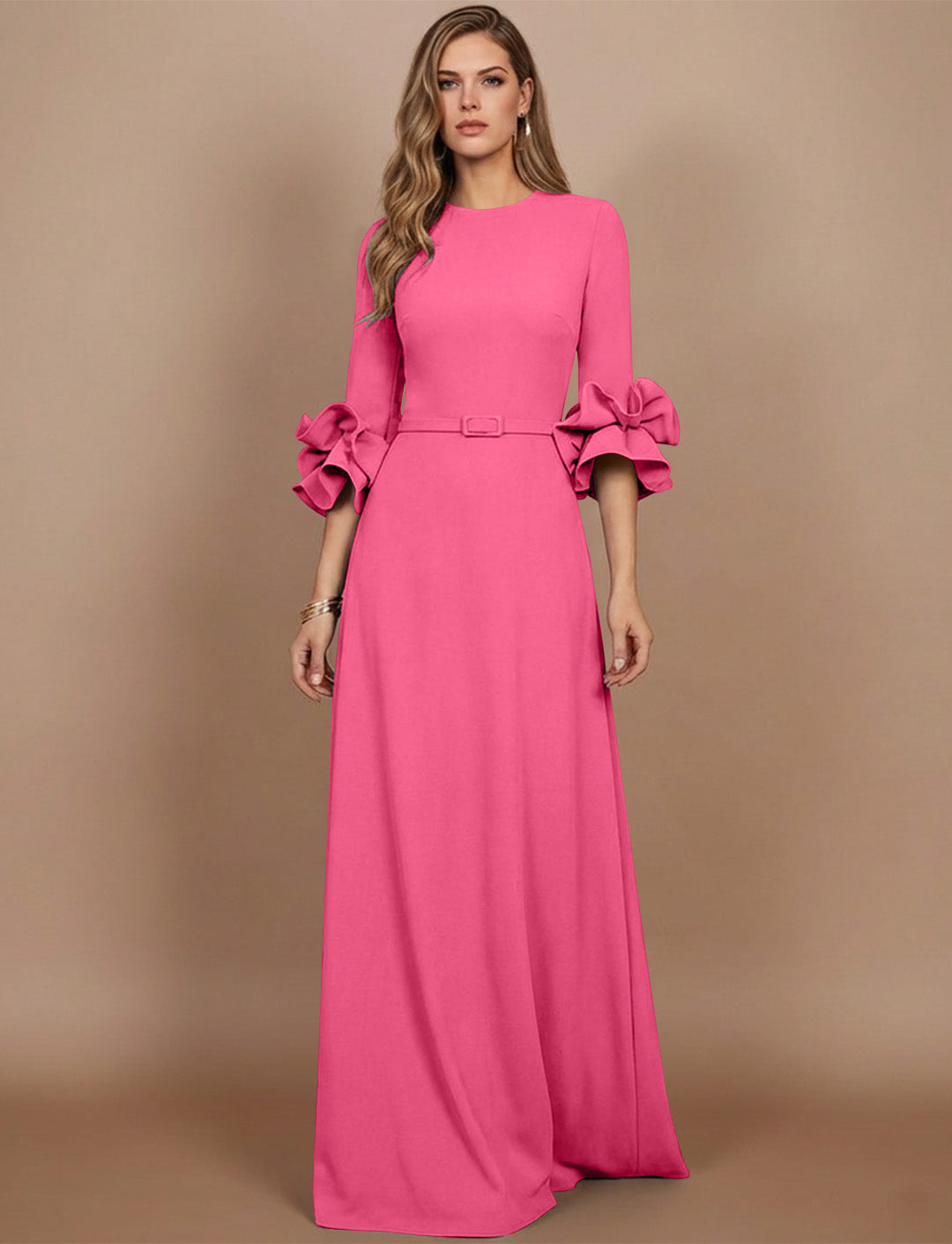 A-Line/Princess Scoop Stretch Satin Mother of the Bride Dresses Floor-Length 3/4 Sleeves Ruffles