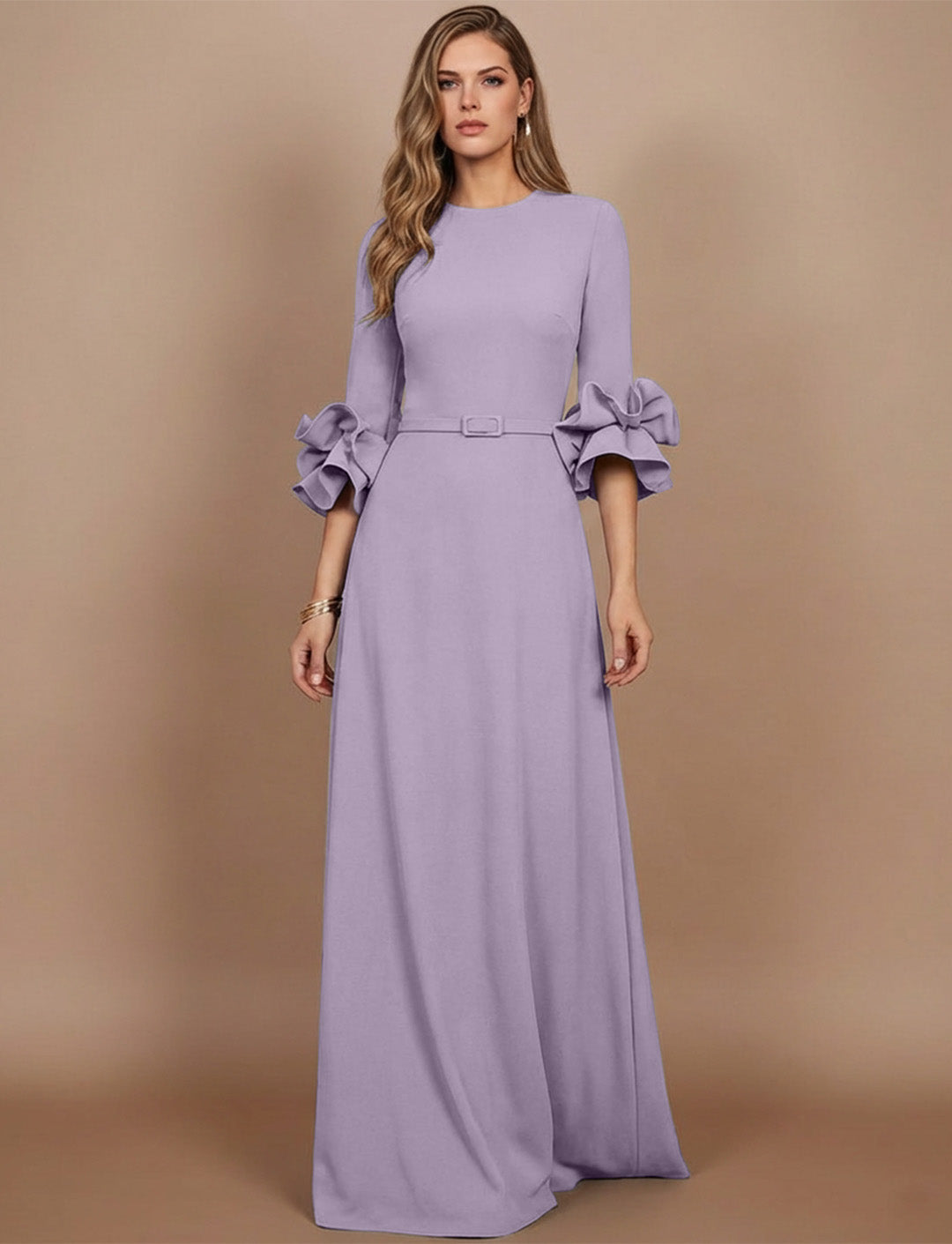 A-Line/Princess Scoop Stretch Satin Mother of the Bride Dresses Floor-Length 3/4 Sleeves Ruffles