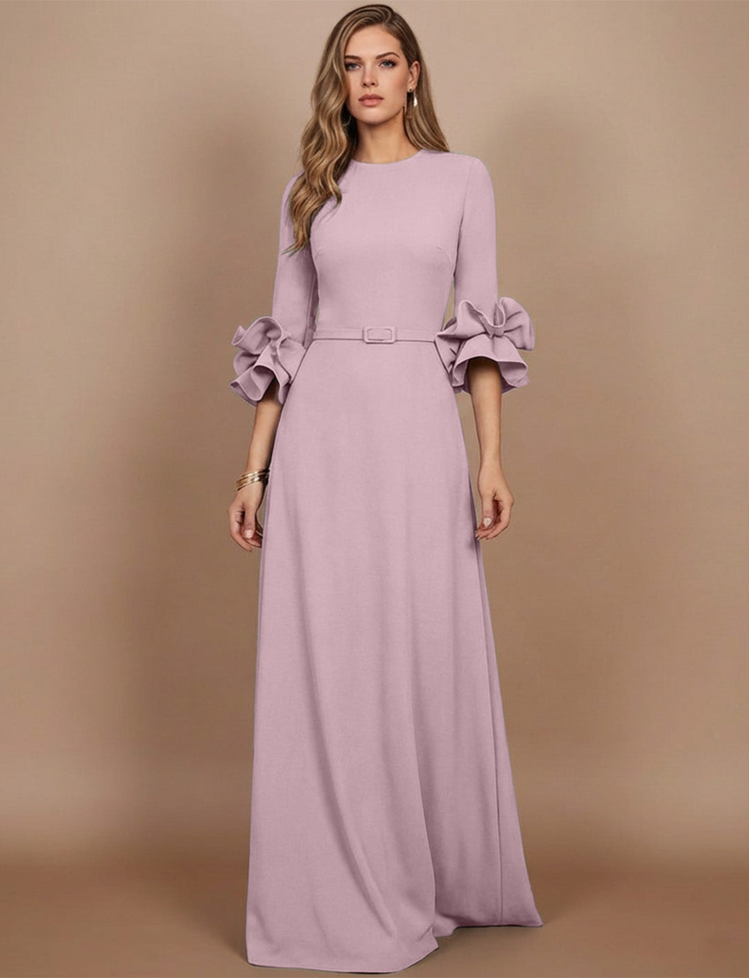 A-Line/Princess Scoop Stretch Satin Mother of the Bride Dresses Floor-Length 3/4 Sleeves Ruffles