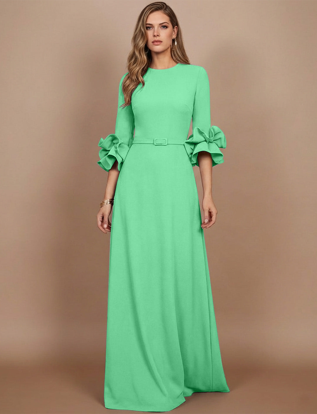 A-Line/Princess Scoop Stretch Satin Mother of the Bride Dresses Floor-Length 3/4 Sleeves Ruffles