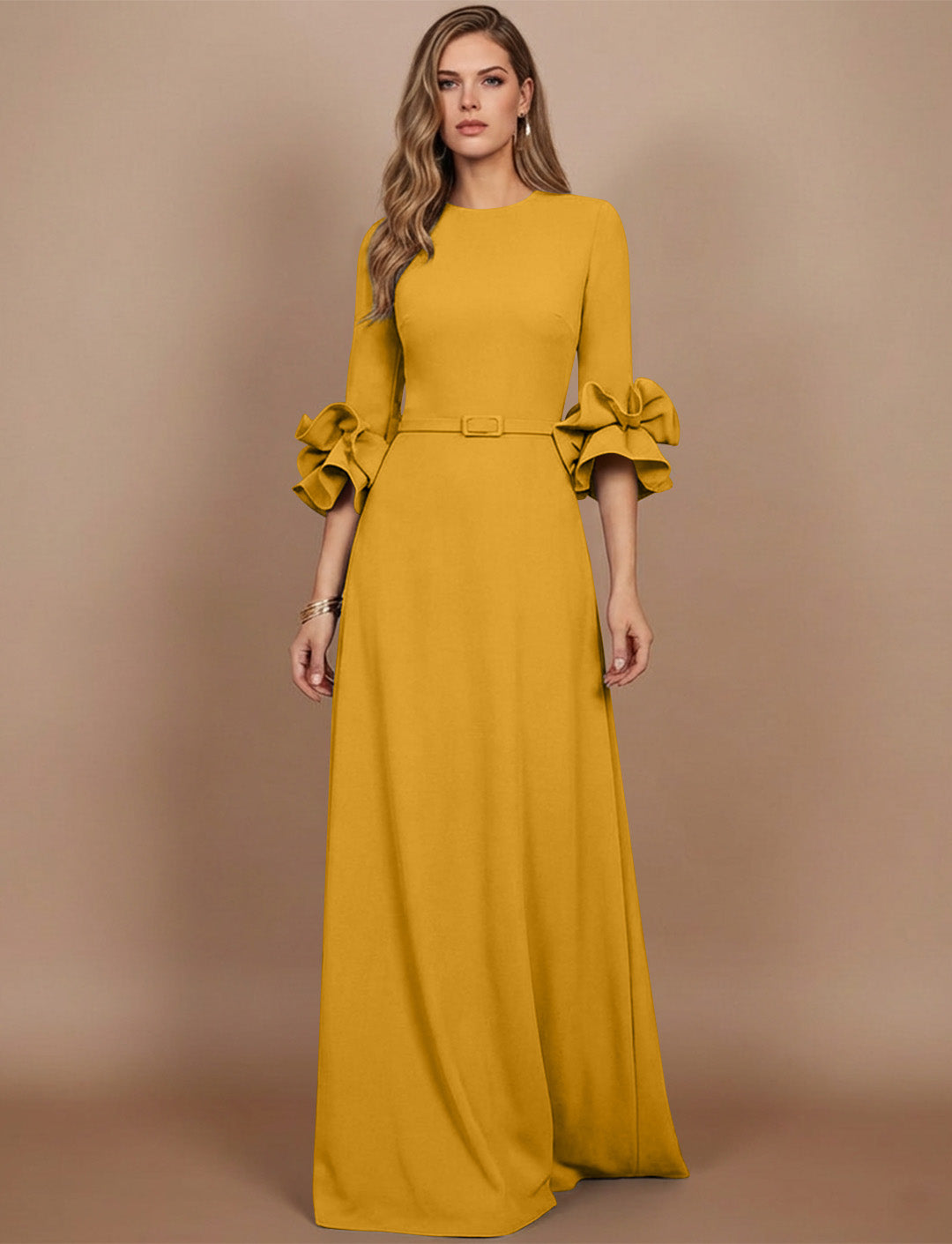 A-Line/Princess Scoop Stretch Satin Mother of the Bride Dresses Floor-Length 3/4 Sleeves Ruffles