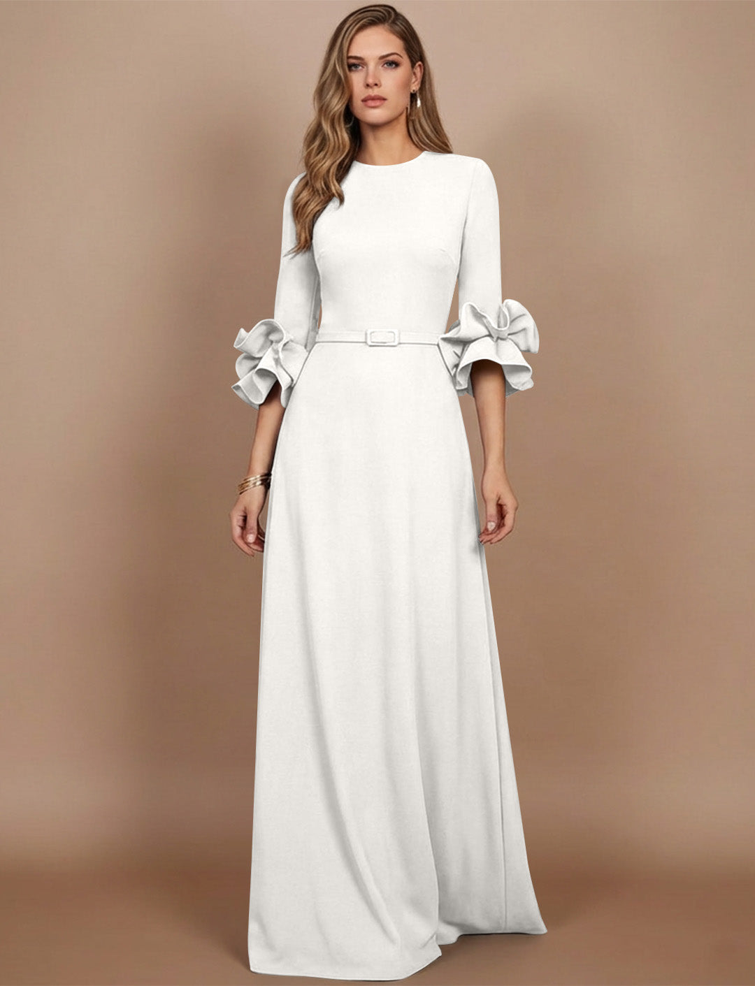 A-Line/Princess Scoop Stretch Satin Mother of the Bride Dresses Floor-Length 3/4 Sleeves Ruffles