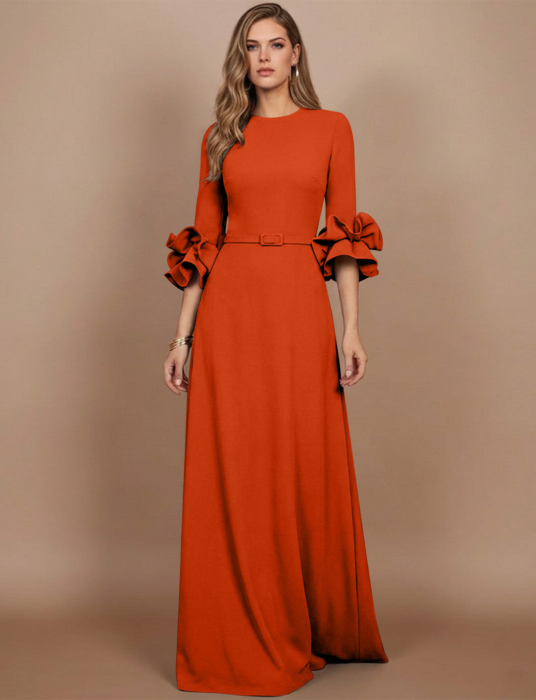 A-Line/Princess Scoop Stretch Satin Mother of the Bride Dresses Floor-Length 3/4 Sleeves Ruffles