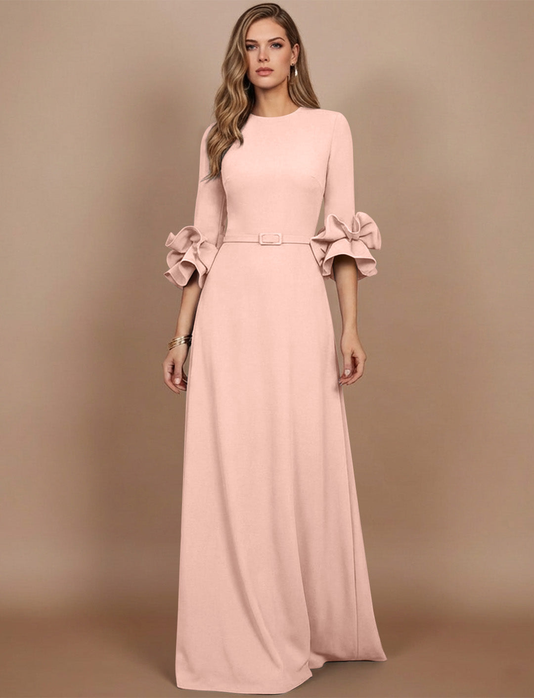 A-Line/Princess Scoop Stretch Satin Mother of the Bride Dresses Floor-Length 3/4 Sleeves Ruffles