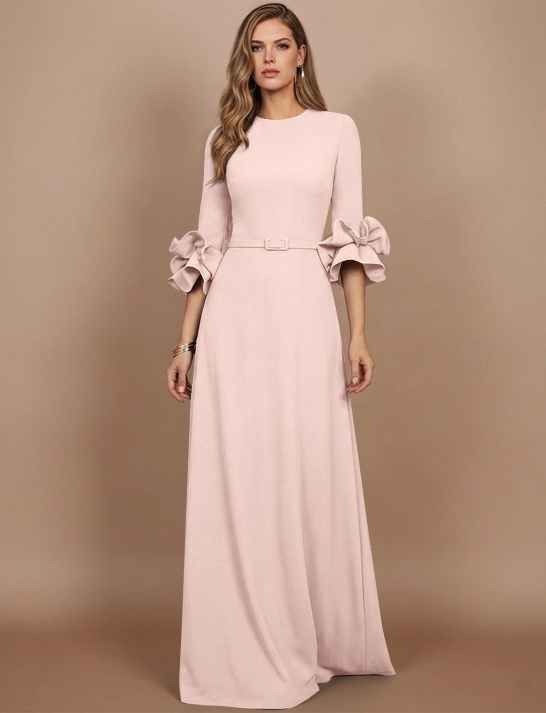 A-Line/Princess Scoop Stretch Satin Mother of the Bride Dresses Floor-Length 3/4 Sleeves Ruffles