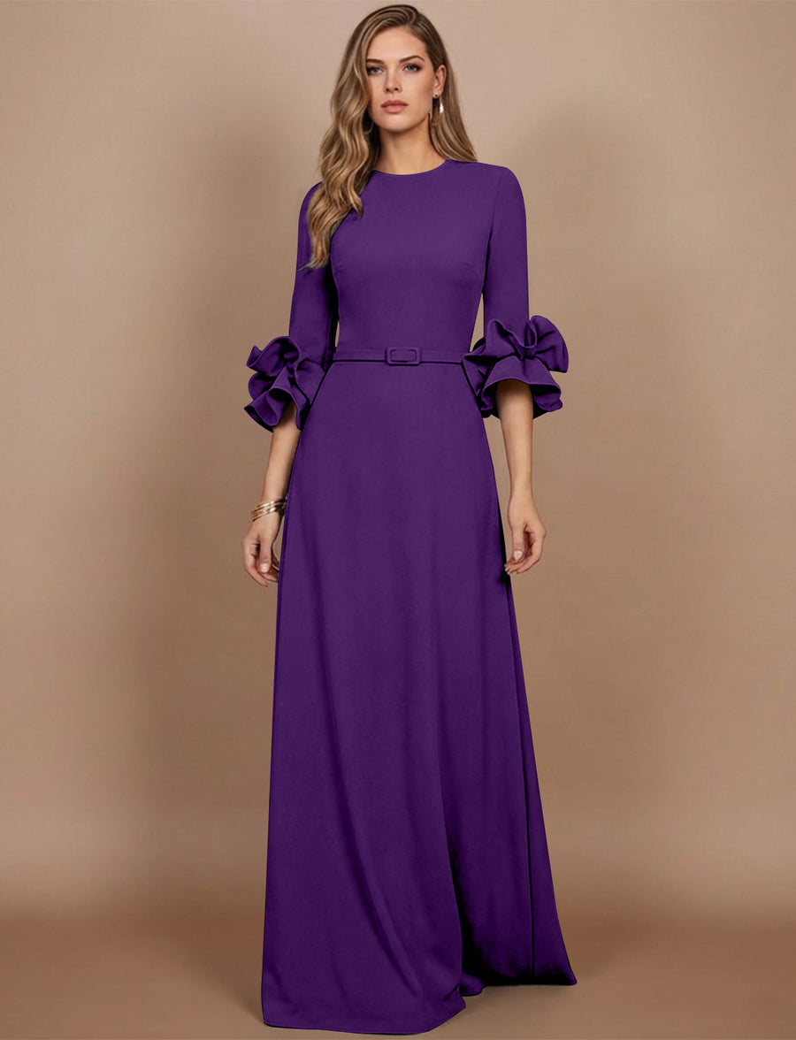 A-Line/Princess Scoop Stretch Satin Mother of the Bride Dresses Floor-Length 3/4 Sleeves Ruffles