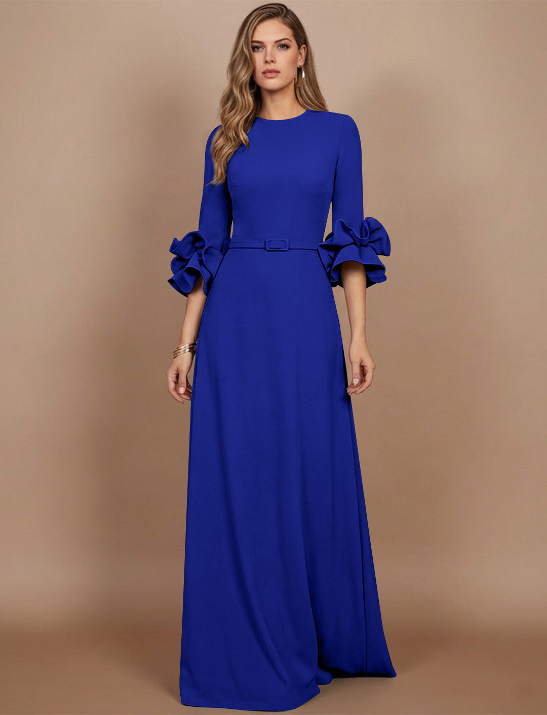 A-Line/Princess Scoop Stretch Satin Mother of the Bride Dresses Floor-Length 3/4 Sleeves Ruffles