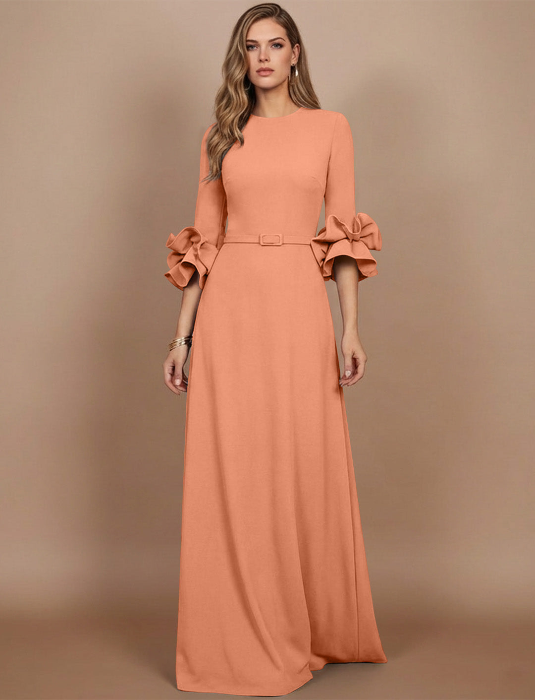 A-Line/Princess Scoop Stretch Satin Mother of the Bride Dresses Floor-Length 3/4 Sleeves Ruffles