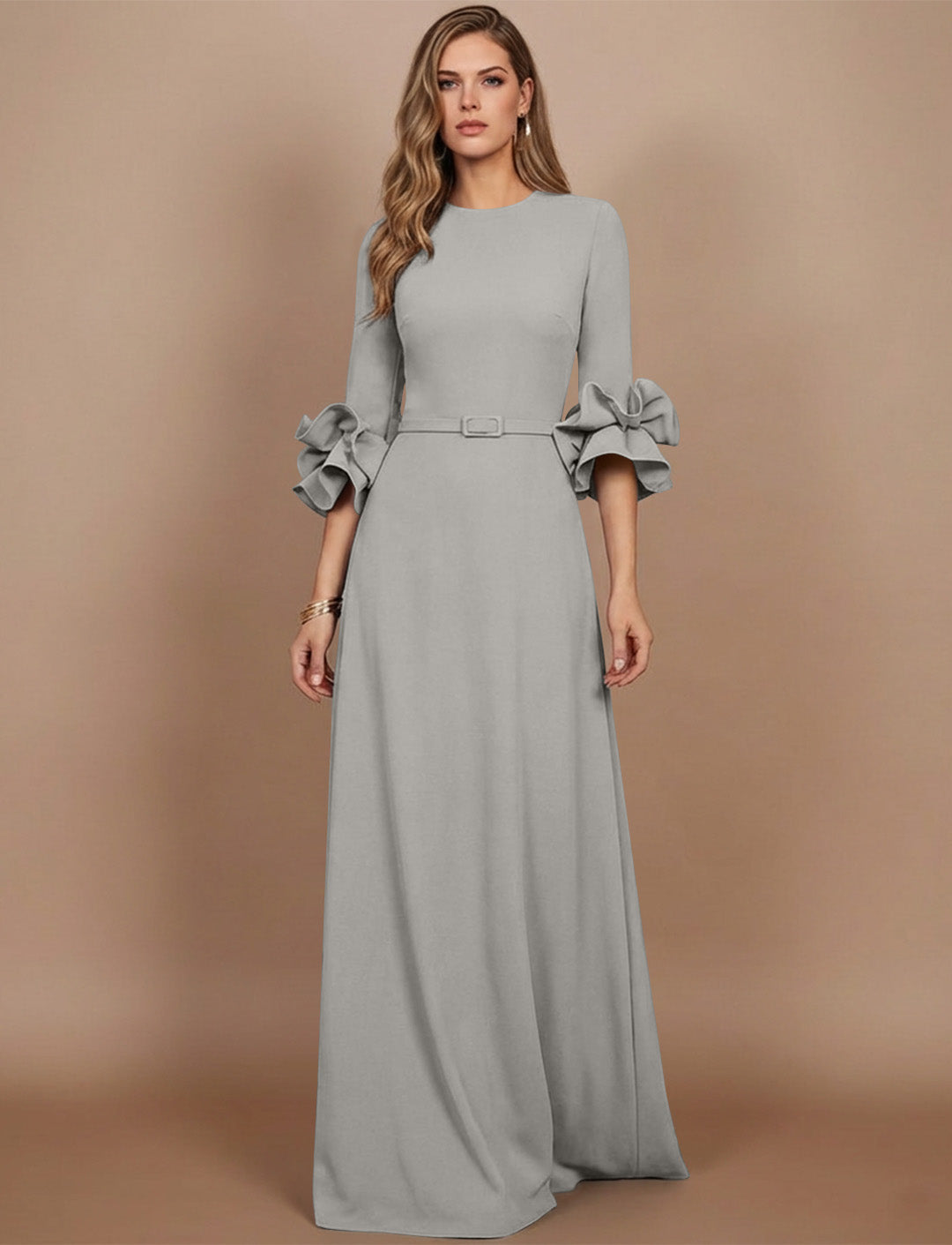 A-Line/Princess Scoop Stretch Satin Mother of the Bride Dresses Floor-Length 3/4 Sleeves Ruffles