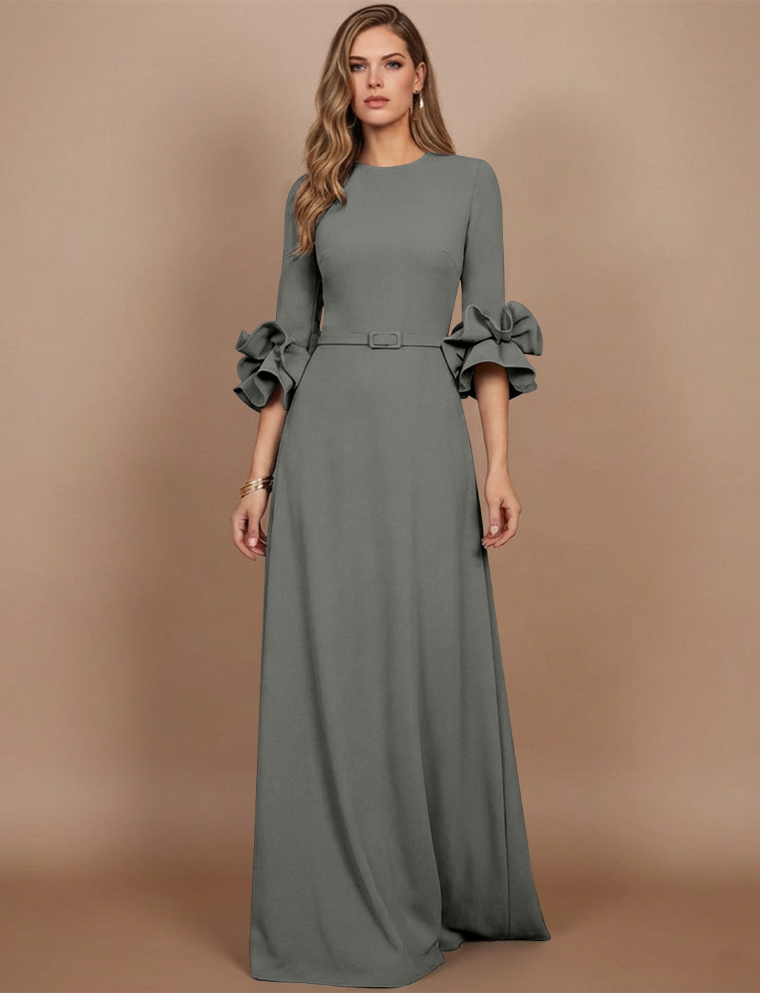 A-Line/Princess Scoop Stretch Satin Mother of the Bride Dresses Floor-Length 3/4 Sleeves Ruffles
