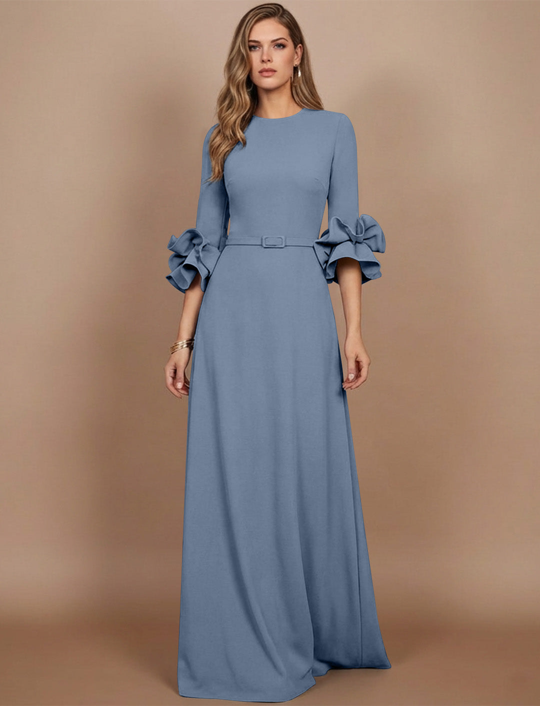 A-Line/Princess Scoop Stretch Satin Mother of the Bride Dresses Floor-Length 3/4 Sleeves Ruffles