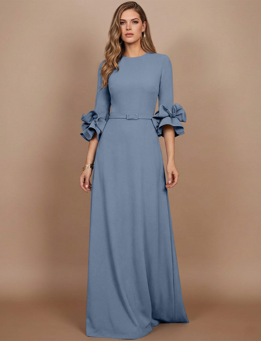 A-Line/Princess Scoop Stretch Satin Mother of the Bride Dresses Floor-Length 3/4 Sleeves Ruffles