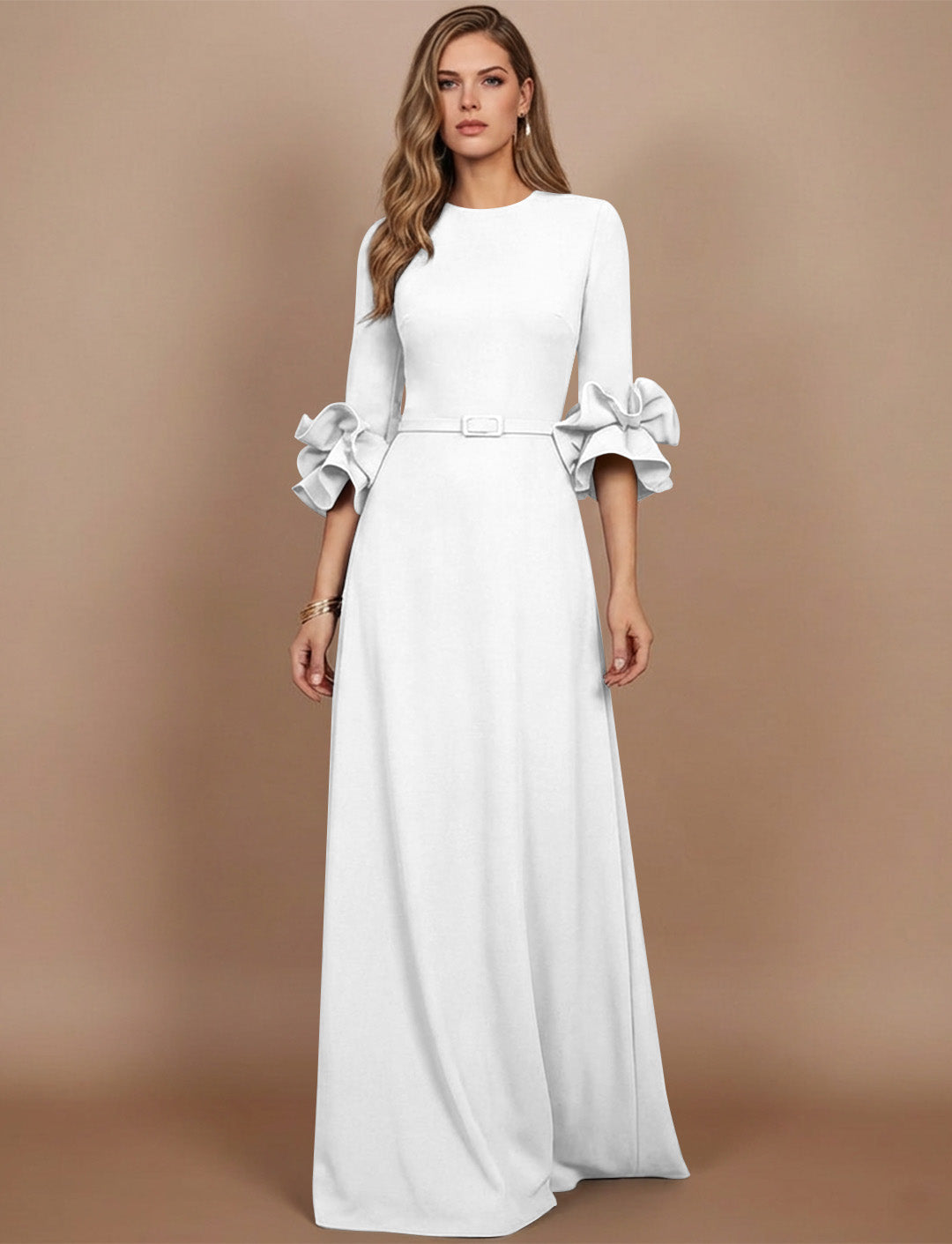 A-Line/Princess Scoop Stretch Satin Mother of the Bride Dresses Floor-Length 3/4 Sleeves Ruffles