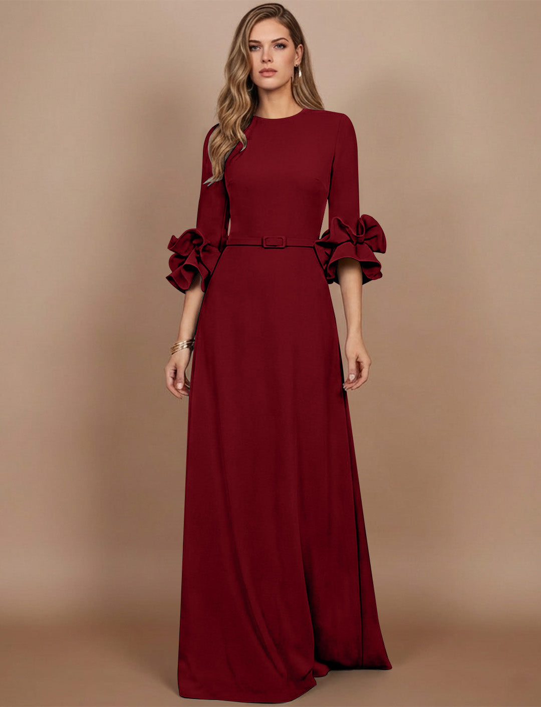 A-Line/Princess Scoop Stretch Satin Mother of the Bride Dresses Floor-Length 3/4 Sleeves Ruffles