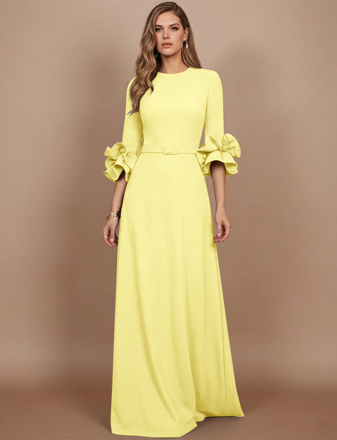 A-Line/Princess Scoop Stretch Satin Mother of the Bride Dresses Floor-Length 3/4 Sleeves Ruffles