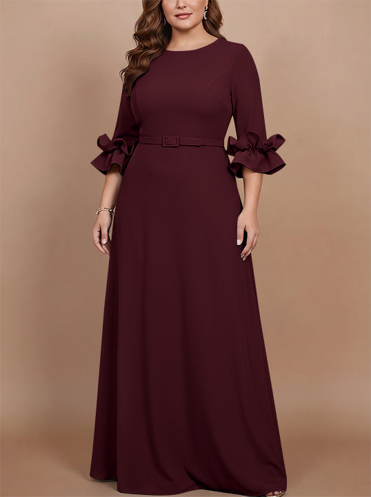 A-Line/Princess Scoop Stretch Satin Plus Size Mother of the Bride Dresses Floor-Length 3/4 Sleeves Ruffles