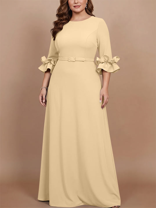 A-Line/Princess Scoop Stretch Satin Plus Size Mother of the Bride Dresses Floor-Length 3/4 Sleeves Ruffles