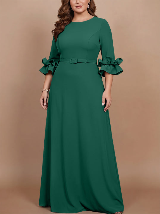 A-Line/Princess Scoop Stretch Satin Plus Size Mother of the Bride Dresses Floor-Length 3/4 Sleeves Ruffles